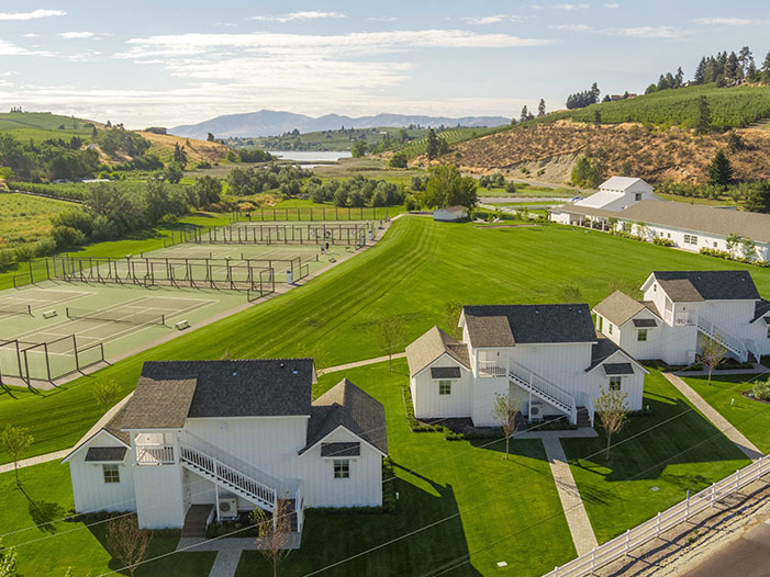 Aerial image of Harmony Meadows and the boutique cottages. Washington state luxury accommodations.